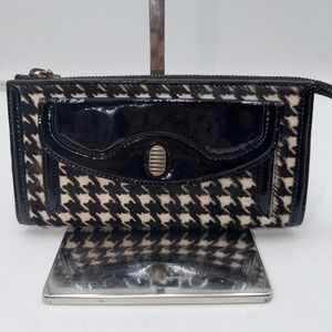 Cole Haan Houndstooth Calf Hair Wallet Black Patent Leather Trim Zip Around